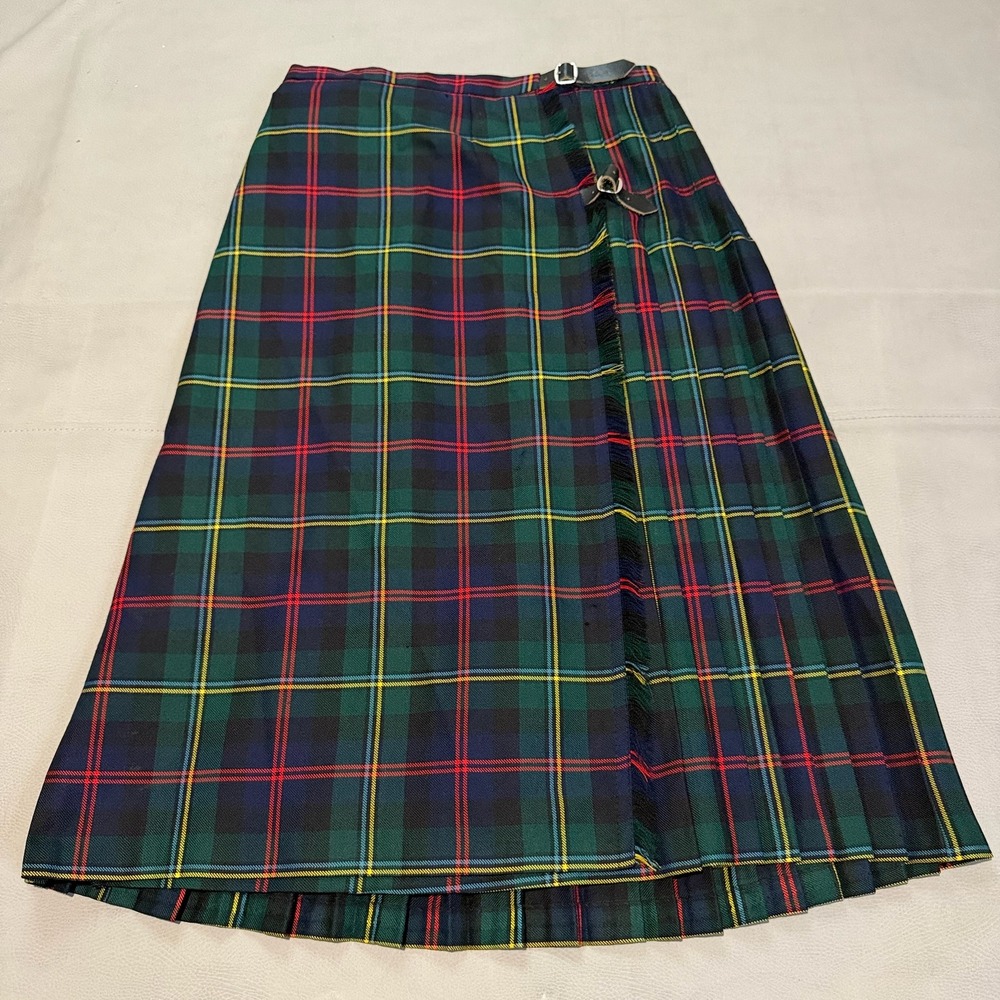 VTG Tartan Gift Shop Scotland Green Plaid Wool Kilt Midi Skirt Buckle Women 30-